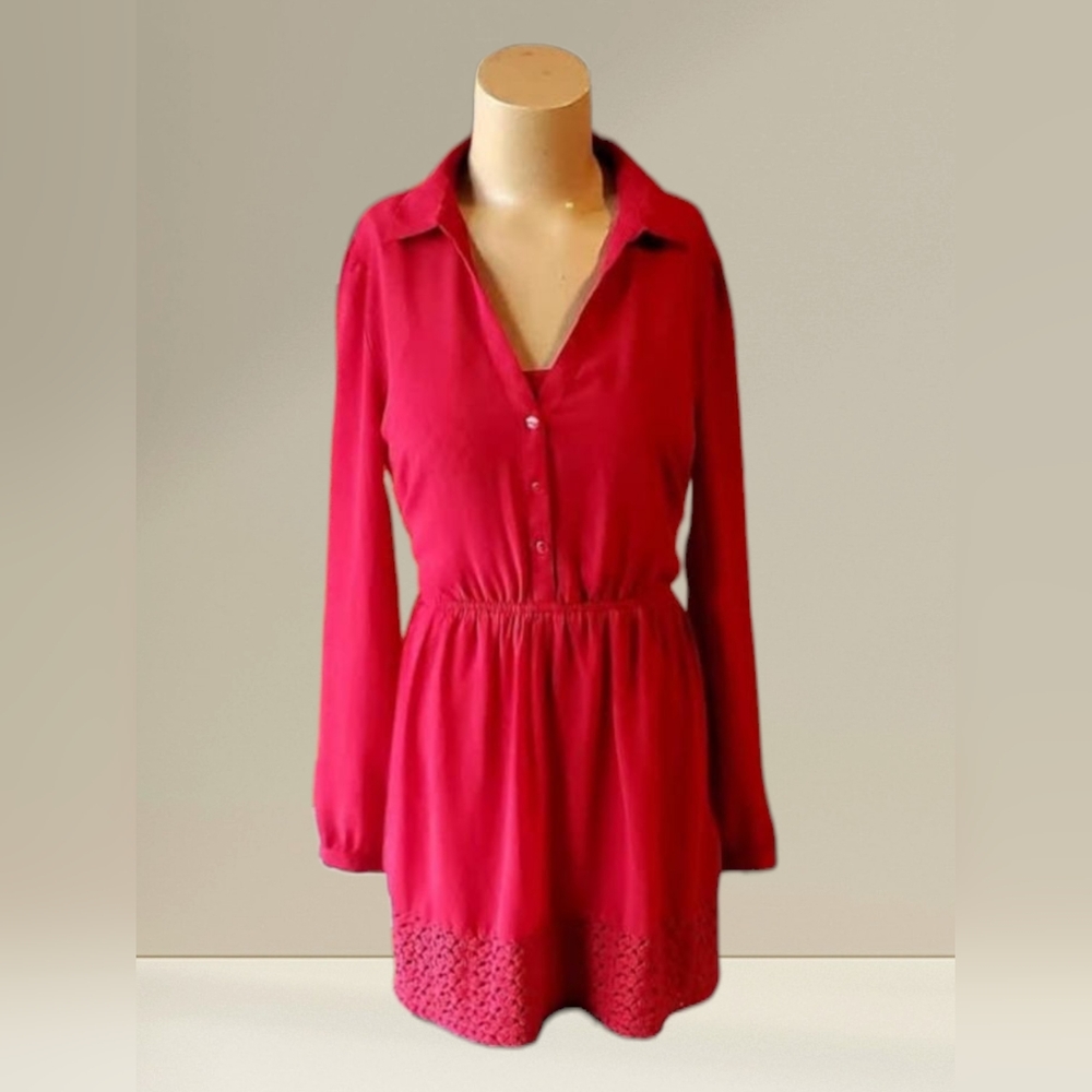 Red Long Sleeve Fit & Flare Mini Dress with Lace Hem Sz M